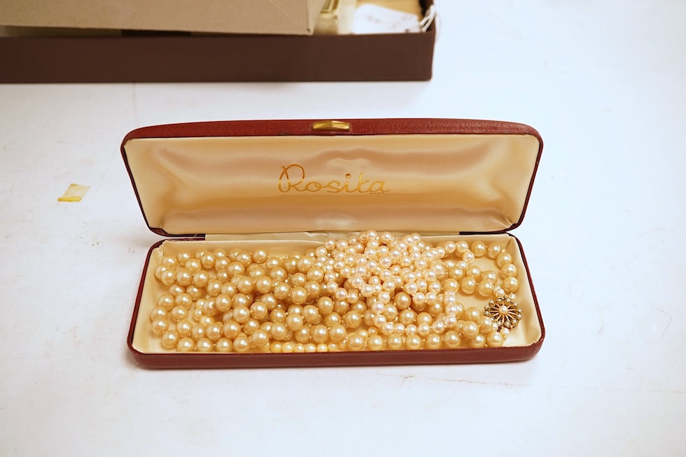 Two cultured pearl necklaces, each composed of a single row of cultured pearls, one with pearls 3-7mm diameter, length 44cm, clasp stamped 9CT; the other with pearls approximately 6mm diameter, length 86cm, clasp with Br